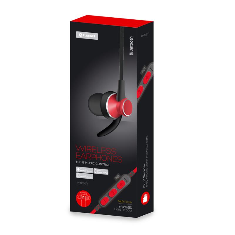 Platinet In-Ear Earphones Bluetooth V4 2 microSD MIC - model 1062 met oorclip - Rood