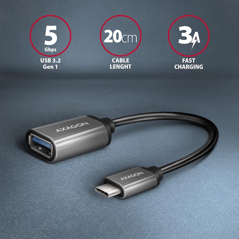 AXAGON USB 3 2 Gen 1 Type-C Male > Type-A Female cable adapter 0 2m 3A ALU *USBCM *USBAF