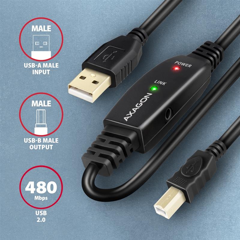 AXAGON USB 2 0 A-M -> B-M active connecting repeater cable 15m