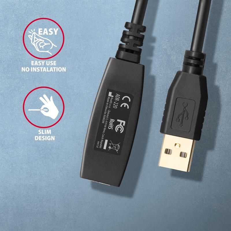 AXAGON USB 2 0 A-M -> A-F active extension repeater cable 20m
