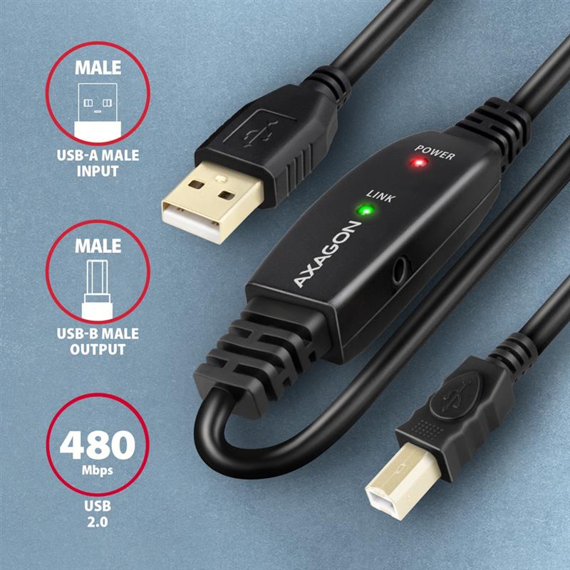 AXAGON USB 2 0 A-M -> B-M active connecting repeater cable 20m