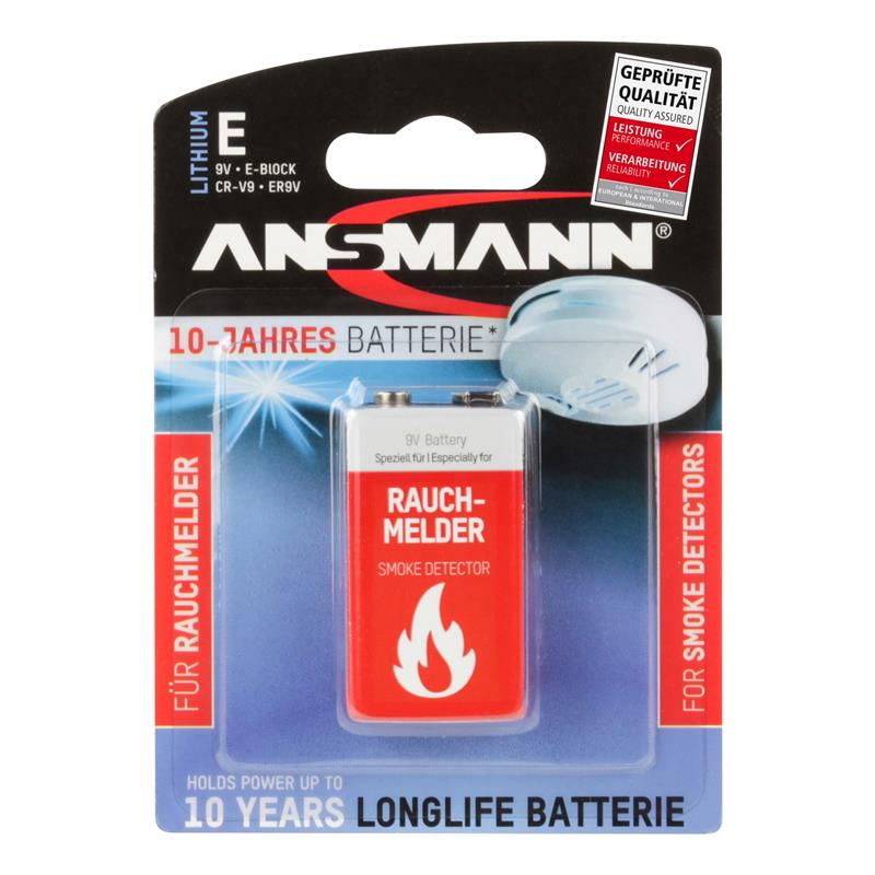 Ansmann 10 year lithium battery 9V E-Block for smoke detectorlonglife 5021023-01 longlife