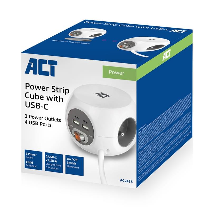 ACT AC2435 power uitbreiding 1,5 m 3 AC-uitgang(en) Binnen Wit