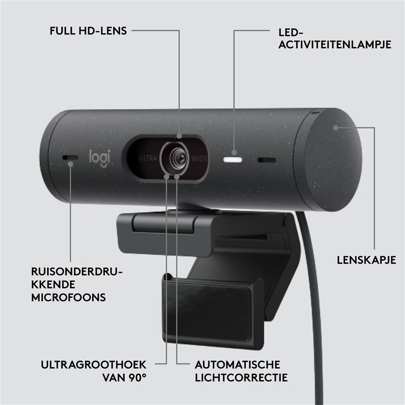 Logitech Webcam BRIO 500, Präsentation, 1080p, USB-C, Grafit Belichtungskorrektur, Auto-Framing, Präsentation