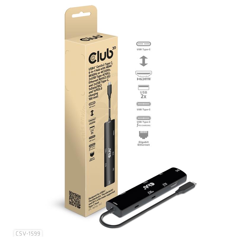 CLUB3D USB4™ Gen3x2 Type-C, 6-in-1 Hub with HDMI™ 8K60Hz or 4K120Hz, 2xUSB Type-A(10G), Ethernet RJ45(2.5G) and 2xUSB Type-C, 1x Data(10G) and 1xPD3.0