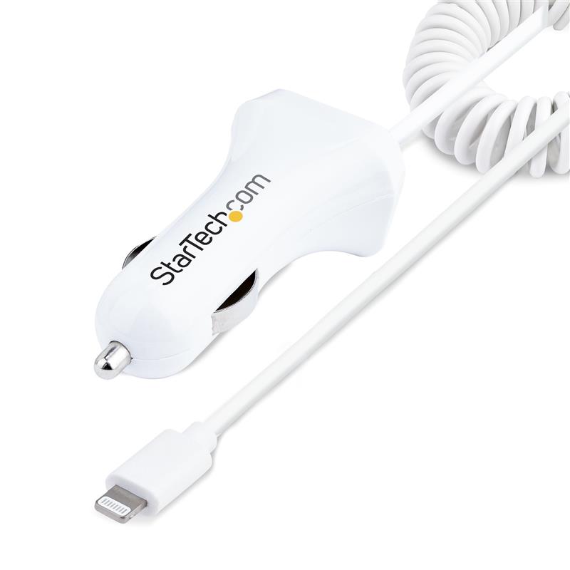 StarTech.com USB Autolader met 1m Lightning Spiraalkabel, 12W, Wit, 2 Port USB Tablet en Telefoon Oplader, Dubbele USB Car Charger, iPhone/iPad Autola