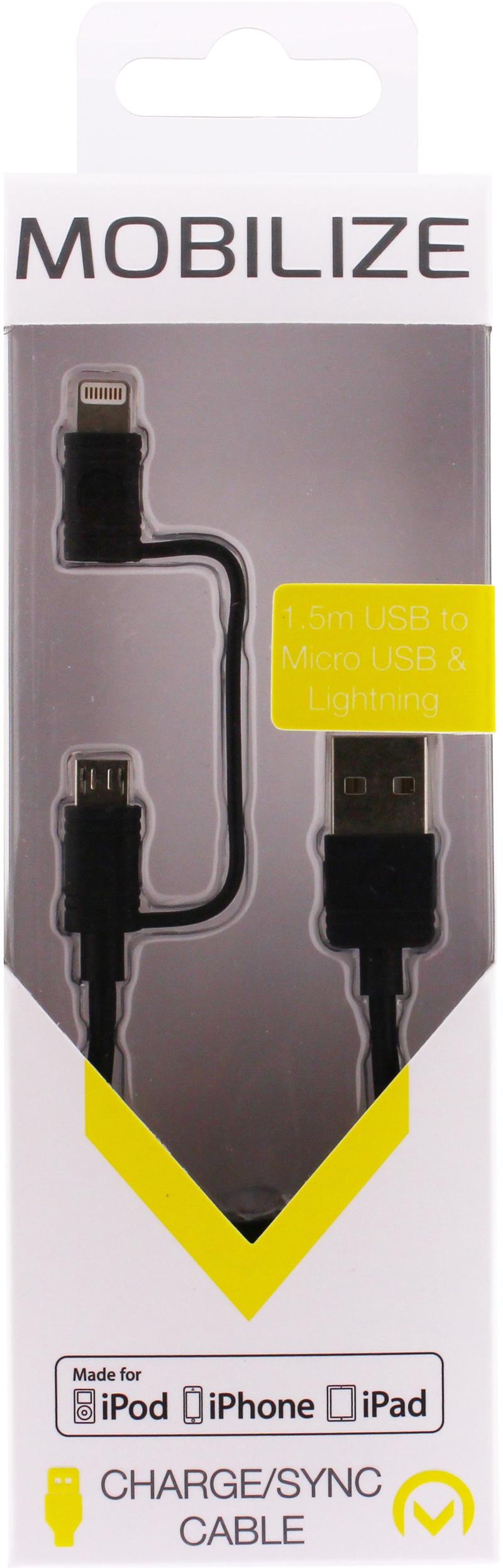 Mobilize 2in1 Cable USB to Apple MFi Lightning or Micro USB 1 5m Black