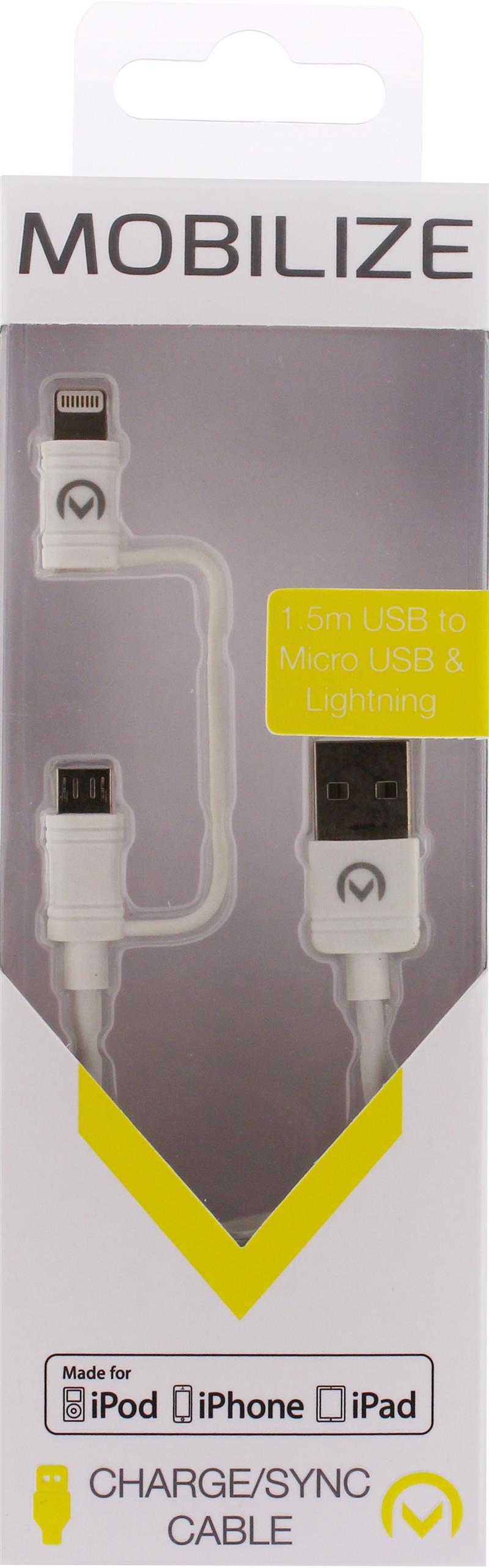 Mobilize 2in1 Cable USB to Apple MFi Lightning or Micro USB 1 5m White