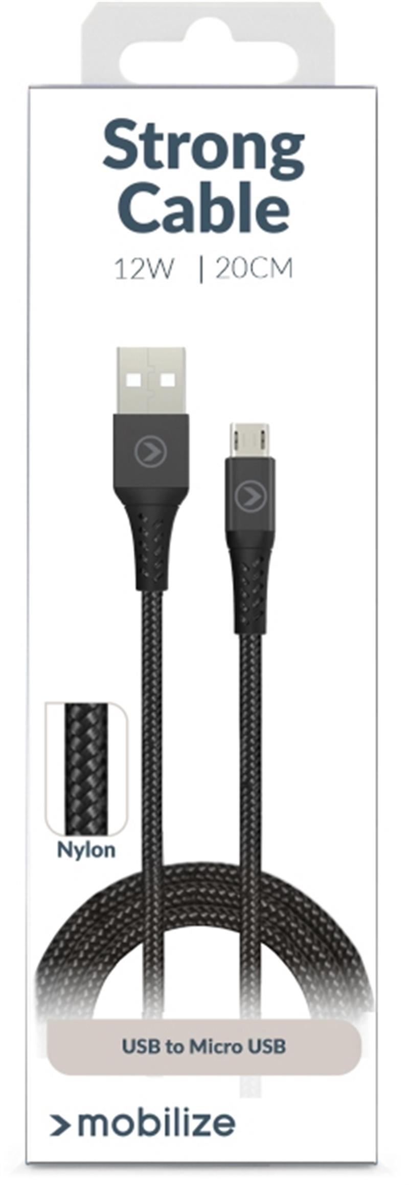 Mobilize Strong Nylon Cable USB to Micro USB 20cm 12W Black