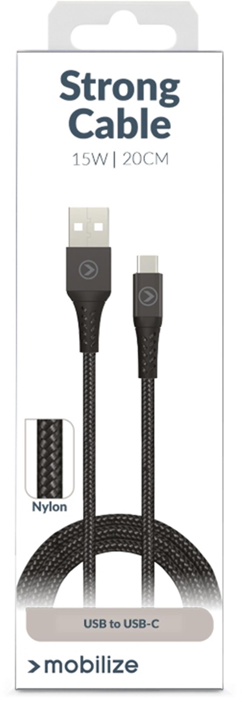 Mobilize Strong Nylon Cable USB to USB-C 20cm 15W Black