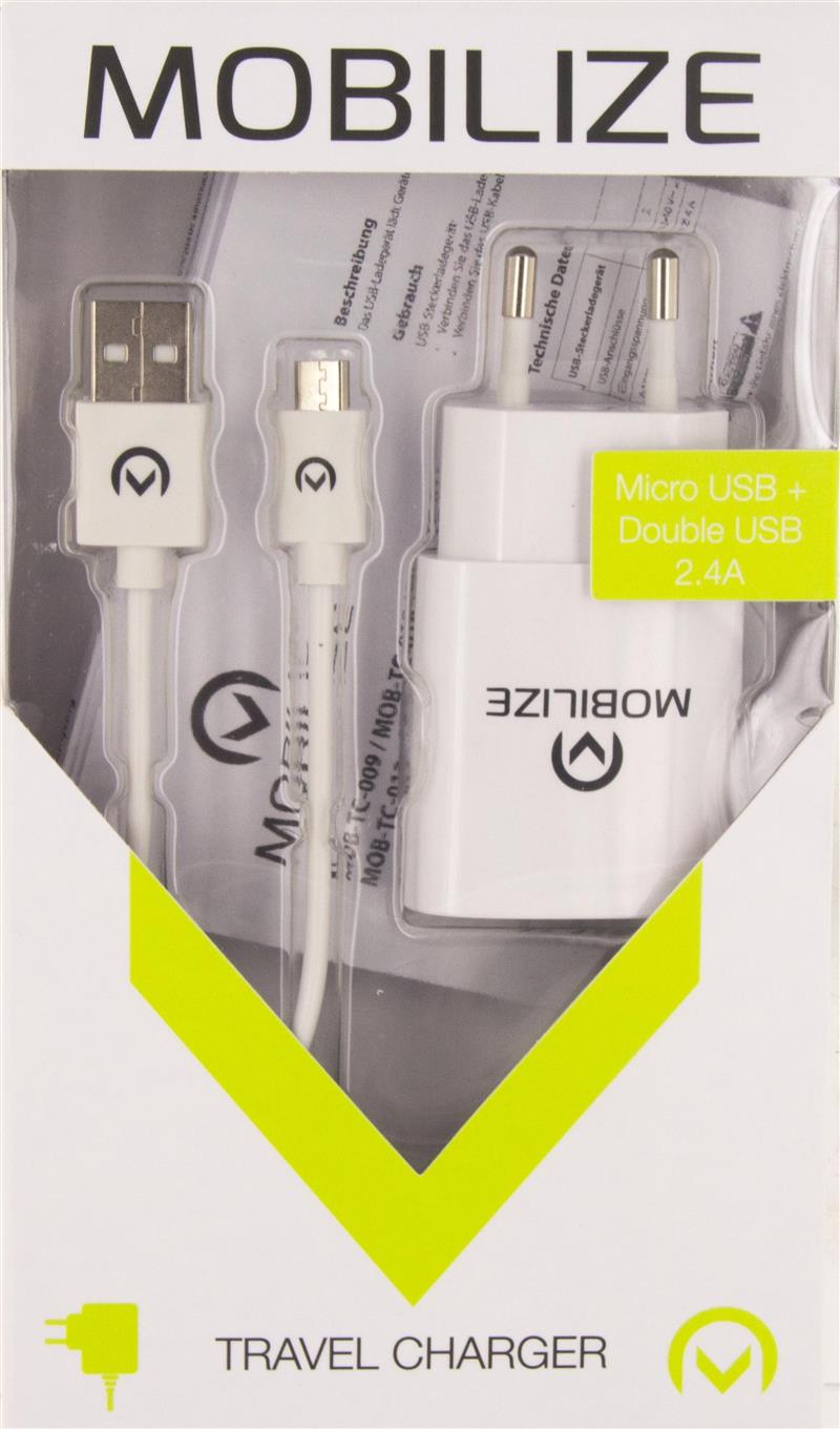 Mobilize Wall Charger 2x USB Micro USB Cable 12W 1m White