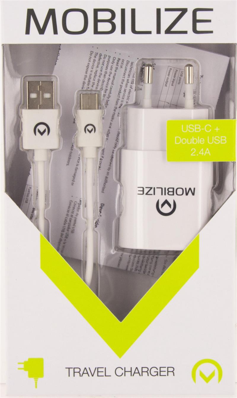 Mobilize Wall Charger 2x USB USB-C Cable 12W 1m White