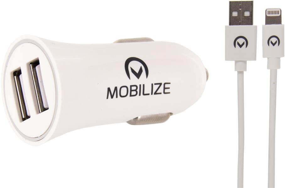 Mobilize Car Charger 2x USB 24W USB to Apple MFi Lighting Cable 1m White