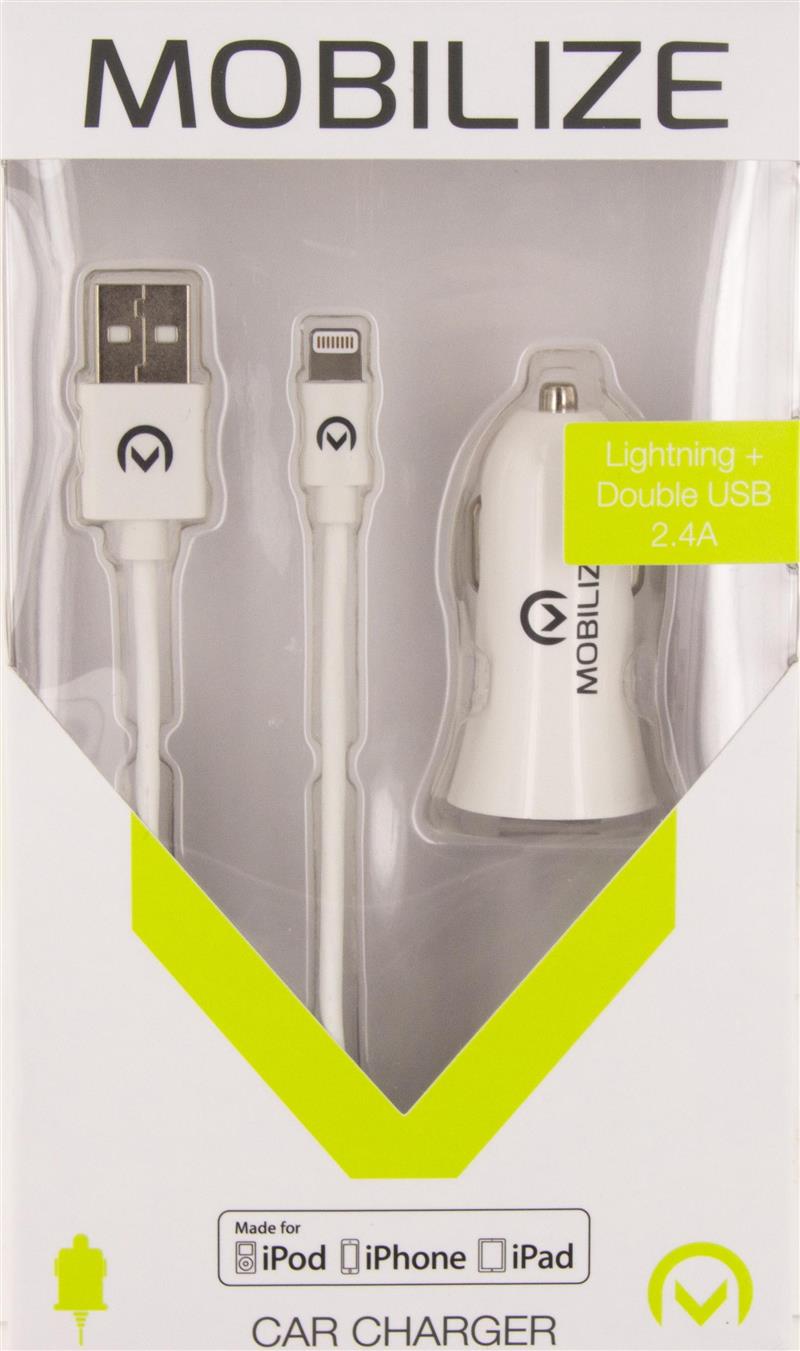 Mobilize Car Charger 2x USB 24W USB to Apple MFi Lighting Cable 1m White