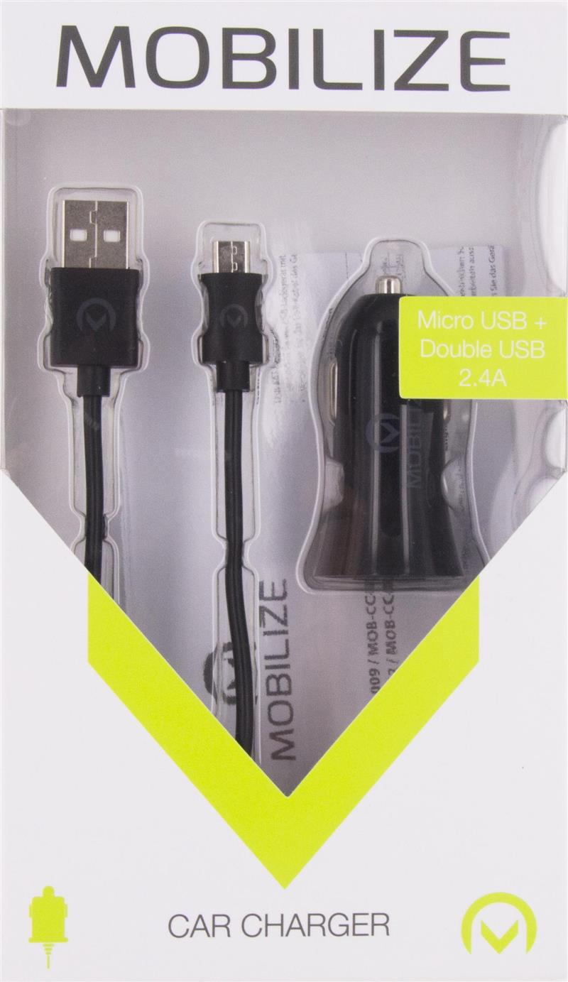 Mobilize Car Charger 2x USB 24W USB to Micro USB Cable 1m Black