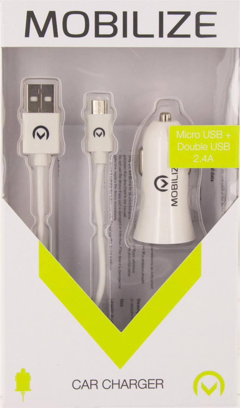 Mobilize Car Charger 2x USB USB to Micro USB Cable 12W 1m White