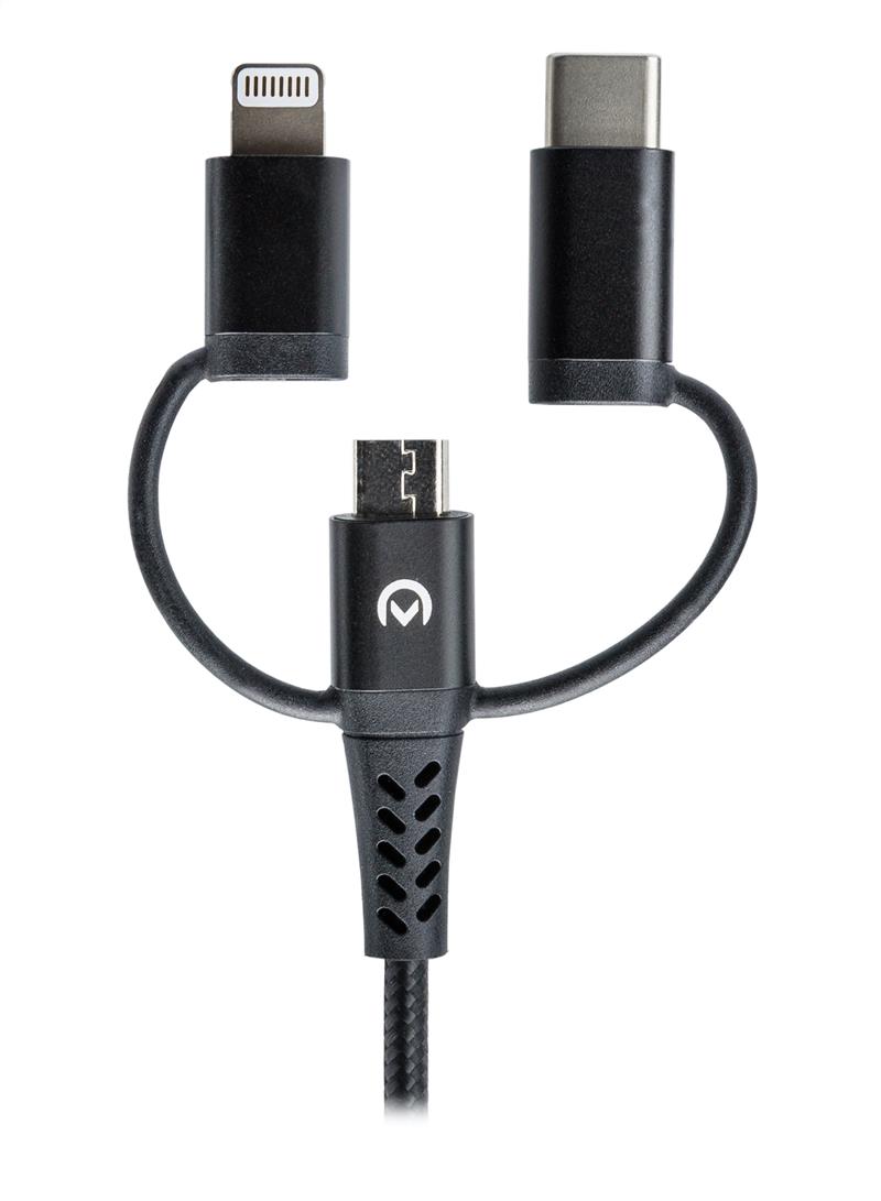 Mobilize Strong Nylon Cable 3in1 USB to Micro USB USB-C Apple MFi Lightning 1 5m Black