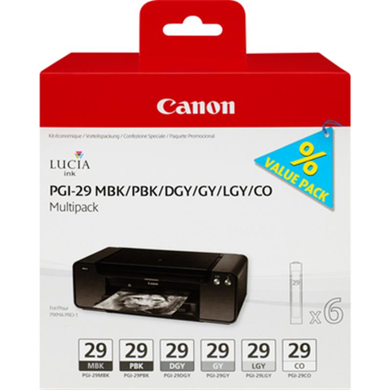 Canon PGI-29 MBK/PBK/DGY/GY/LGY/CO Origineel Zwart, Donkergrijs, Grijs, Licht Grijs, Mat Zwart, Foto zwart Multipack