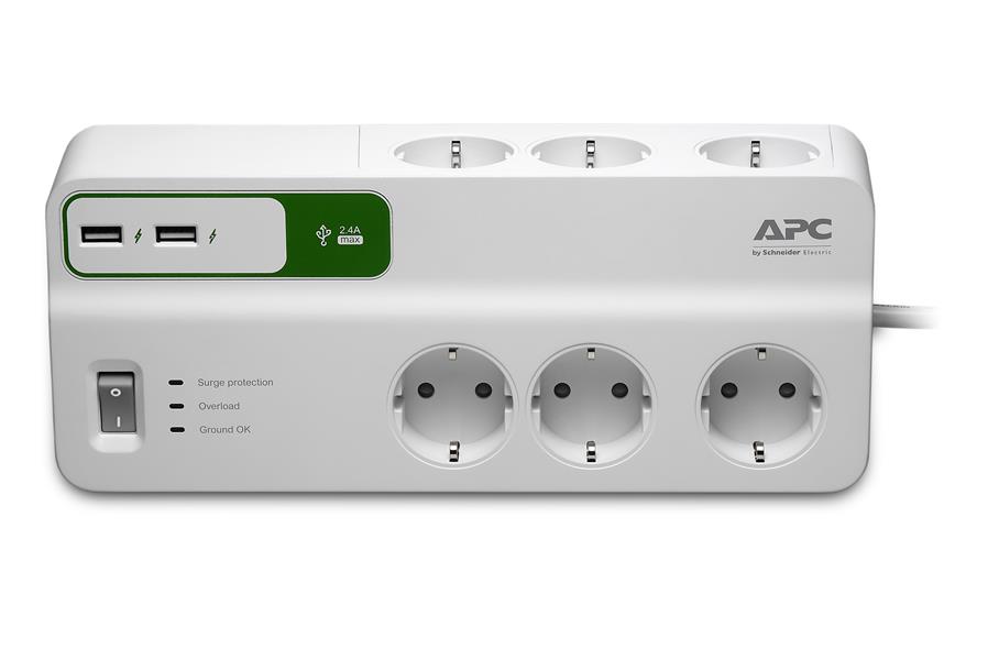 APC Stekkerdoos met overspanningsbeveiliging 6x stopcontact + 2x USB