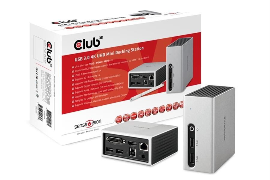 CLUB3D UNIVERSEEL Mini Displaylink gecertificeerd Docking Station USB A 3.2 Gen 1 4K30Hz 1x HDMI, 1x DVI, 4x USB Superspeed