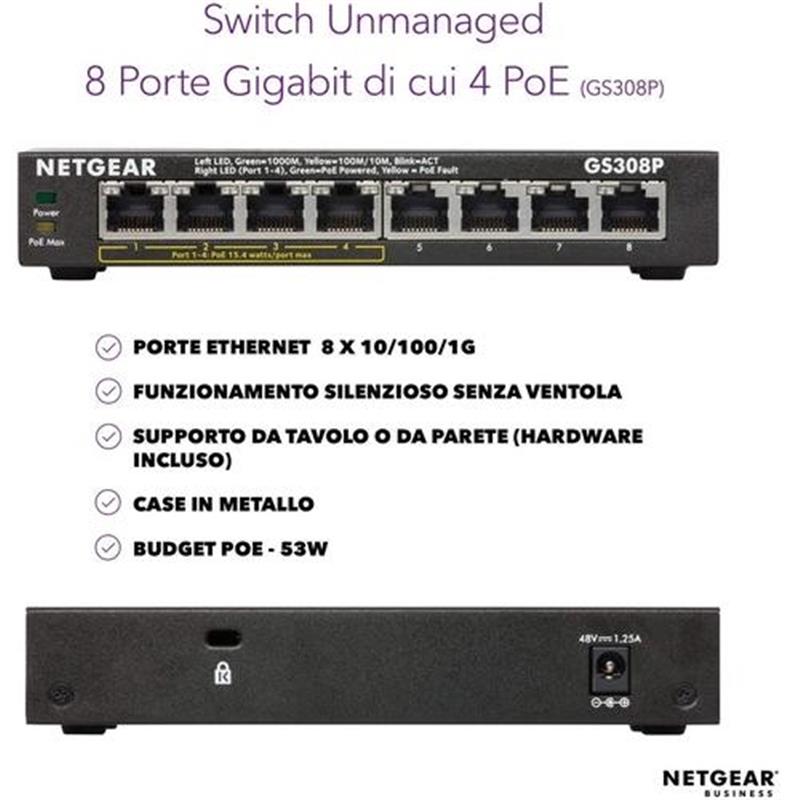 Netgear GS308P-100PES netwerk-switch Unmanaged L3 Gigabit Ethernet (10/100/1000) Zwart Power over Ethernet (PoE)