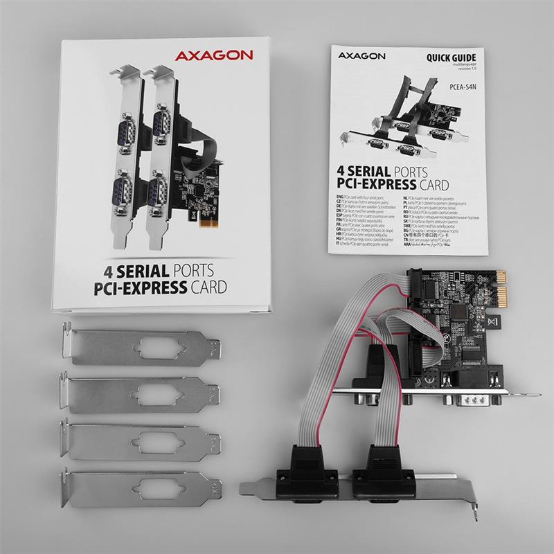 Axagon PCEA-PSN PCIe-Adapter mit 4x Seriell-Ports - ASIX AX99100 Chipsatz interfacekaart/-adapter Intern RS-232