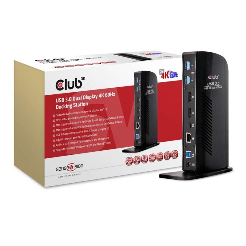 CLUB3D UNIVERSEEL Docking station USB3.2 Type A of C 2x Displayport 4K60Hz DisplayLink® gecertificeerd