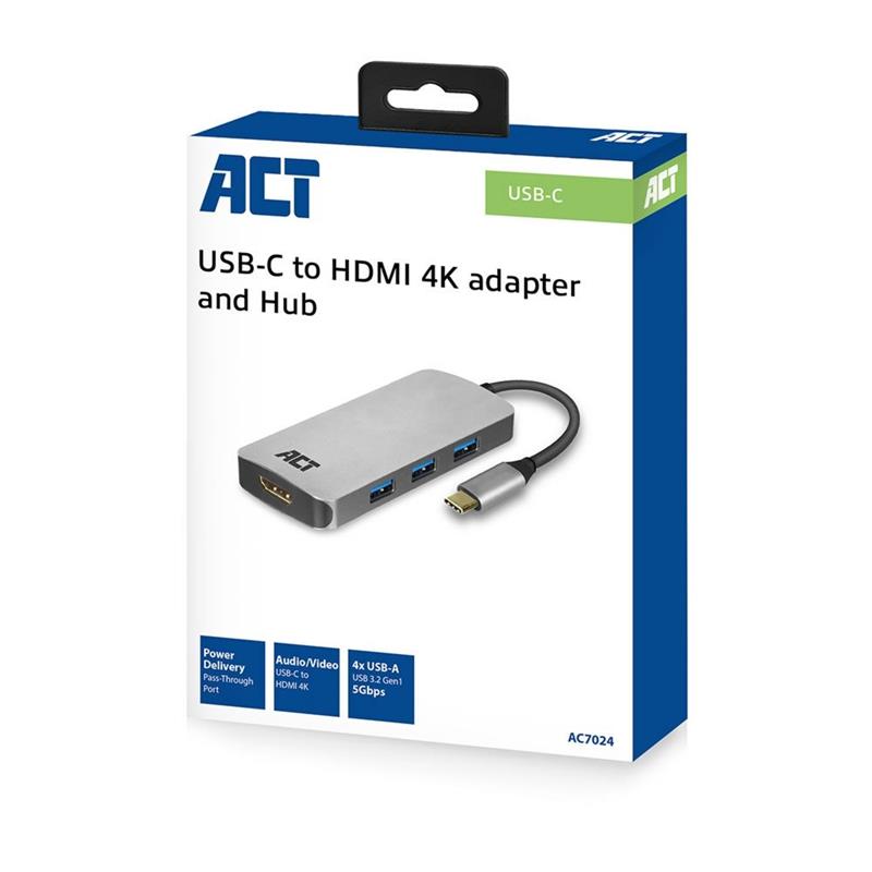 ACT AC7024 interface hub USB 3.2 Gen 1 (3.1 Gen 1) Type-C 5000 Mbit/s Grijs