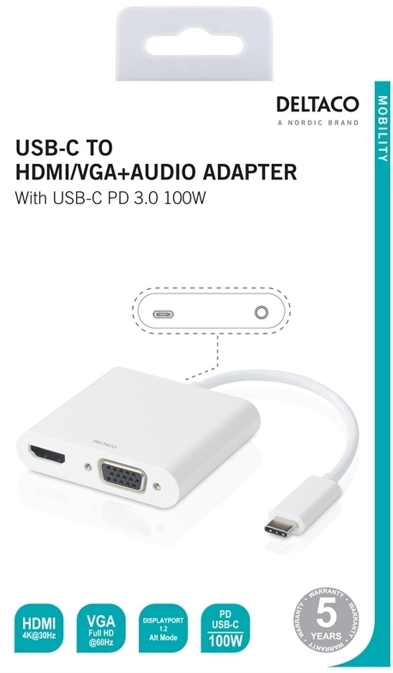  DELTACO USB-C HDMI VGA AV Adapter White