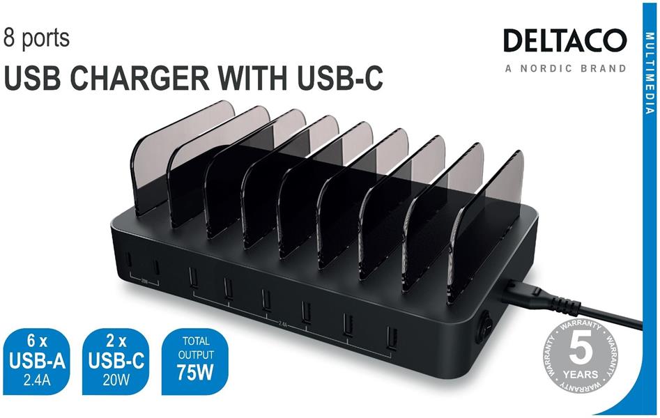  DELTACO 8-ports USB USB-C Charging Station 75W Black