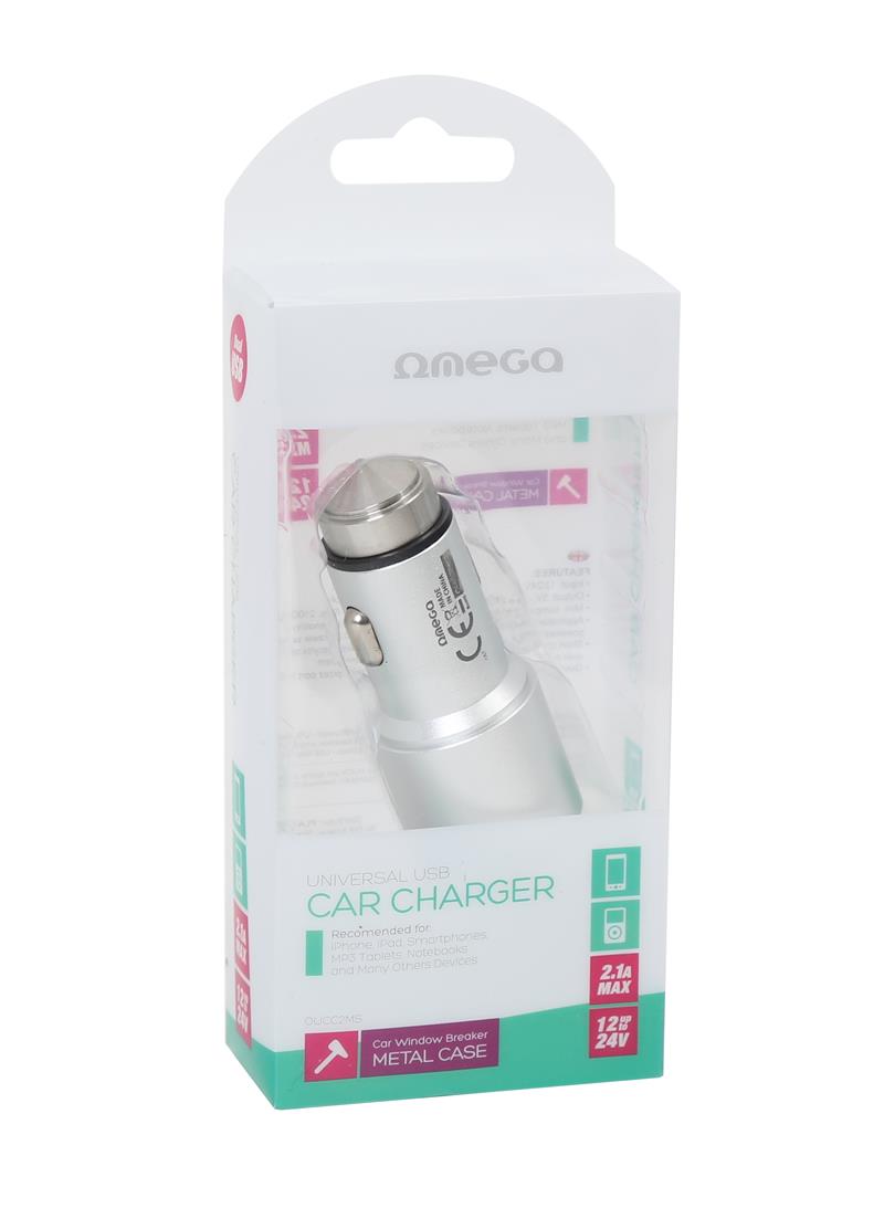 OMEGA CAR CHARGER METAL 2xUSB 5V 2 1A SILVER 43344