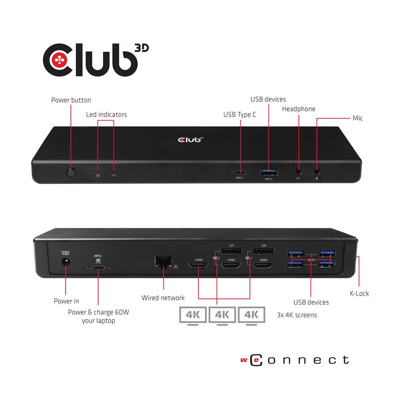 CLUB3D Type-C Universeel (2x 4K60Hz +1x 4K30Hz), oplaad Docking Station 60W DisplayLink® gecertificeerd en DP alt modus - kensington lock