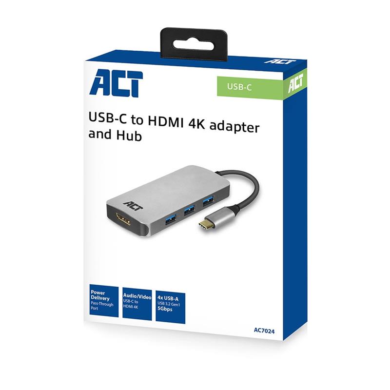 ACT AC7024 interface hub USB 3.2 Gen 1 (3.1 Gen 1) Type-C 5000 Mbit/s Grijs