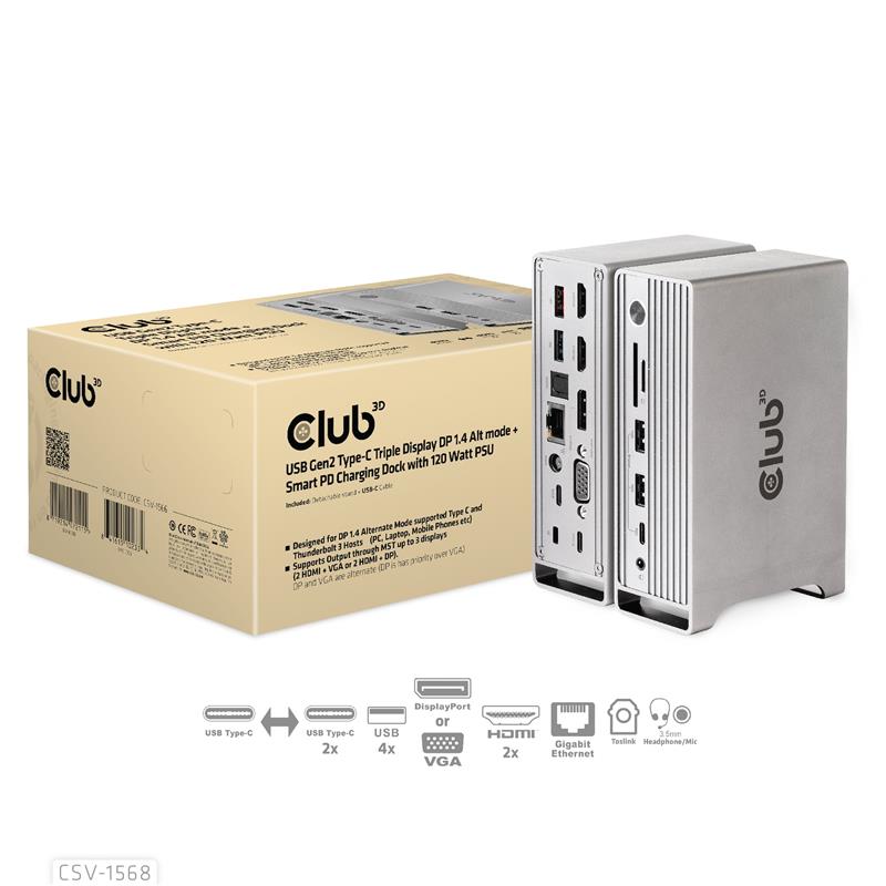 CLUB3D USB type C Universeel docking station 2x USB Gen2 Type-A 1x USB Gen1 Type-A 1x USB Type-A (ROOD) Smart Charging-poort 5V/2.4A Max. • 2x HDMI (D