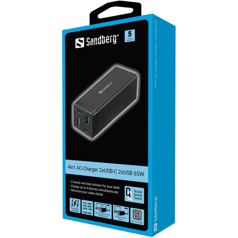 Sandberg 4in1 Charger 2xUSB-C 2xUSB 65W netvoeding & inverter Binnen Zwart