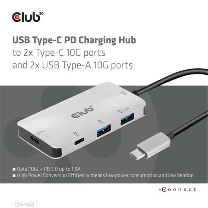 CLUB3D USB Gen2 Type-C Universele Hub naar 1x Type-C 10G ports 1x Type C data en 100 WATT opladen en 2x USB Type-A 10G ports