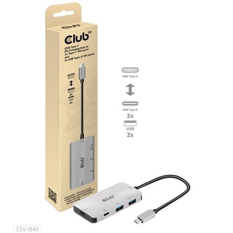 CLUB3D USB Gen2 Type-C Universele Hub naar 1x Type-C 10G ports 1x Type C data en 100 WATT opladen en 2x USB Type-A 10G ports