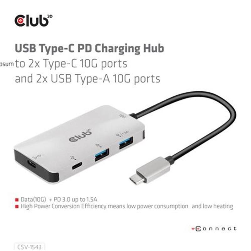 CLUB3D USB Gen2 Type-C Universele Hub naar 1x Type-C 10G ports 1x Type C data en 100 WATT opladen en 2x USB Type-A 10G ports