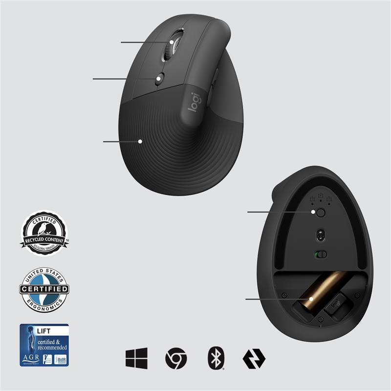 Logitech LIFT WL Vertical Ergonomic for Busi. grafit LEFT BT für Linkshänder, 6 Tasten