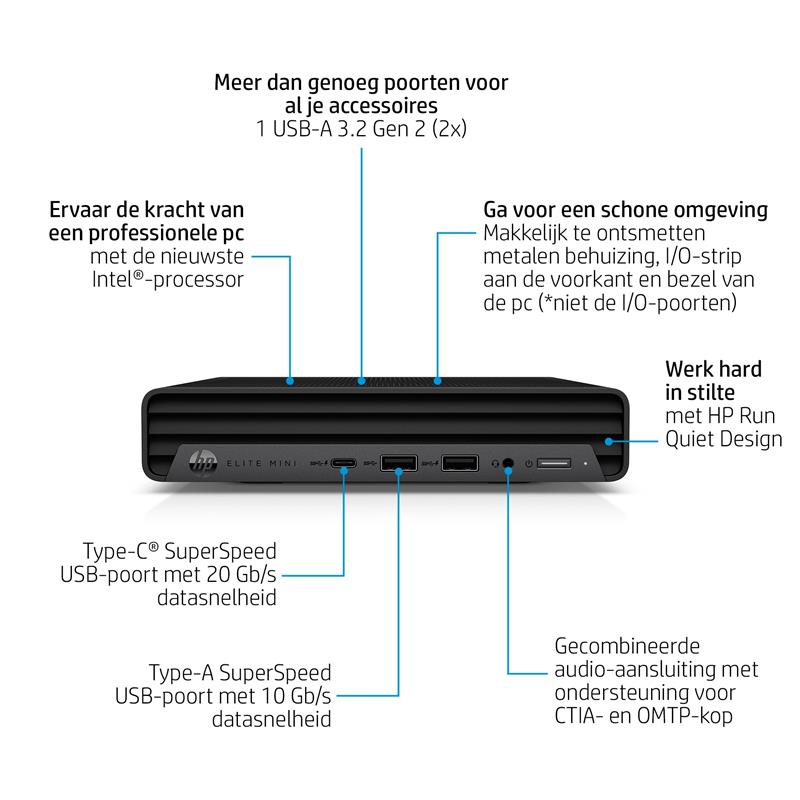 HP Elite Mini 800 G9 Intel® Core™ i7 i7-12700 16 GB DDR5-SDRAM 512 GB SSD Windows 11 Pro Mini PC Zwart