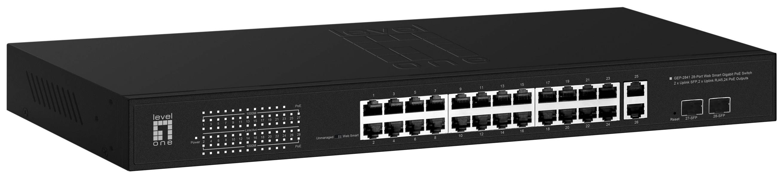 Levelone 28-Port Web Smart Gigabit PoE Switch 2 x Gigabit SFP 2 x Gigabit RJ45 24PoE