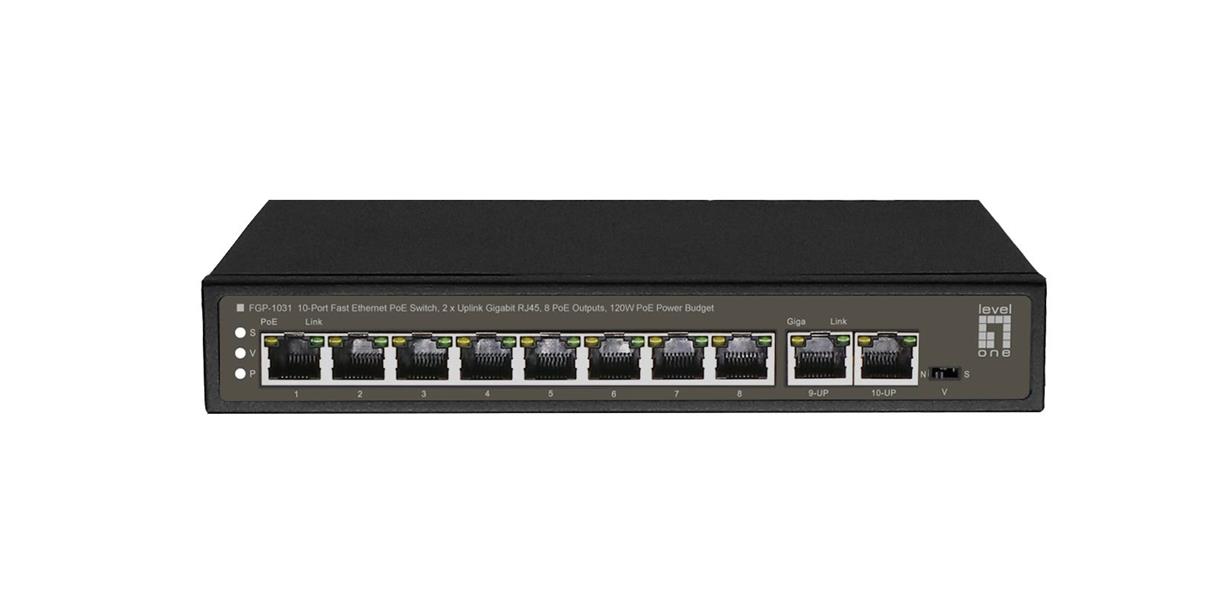 Levelone 8-Port Fast Ethernet PoE Switch 2 x Gigabit RJ45 8PoE Outputs 120W PoE Power