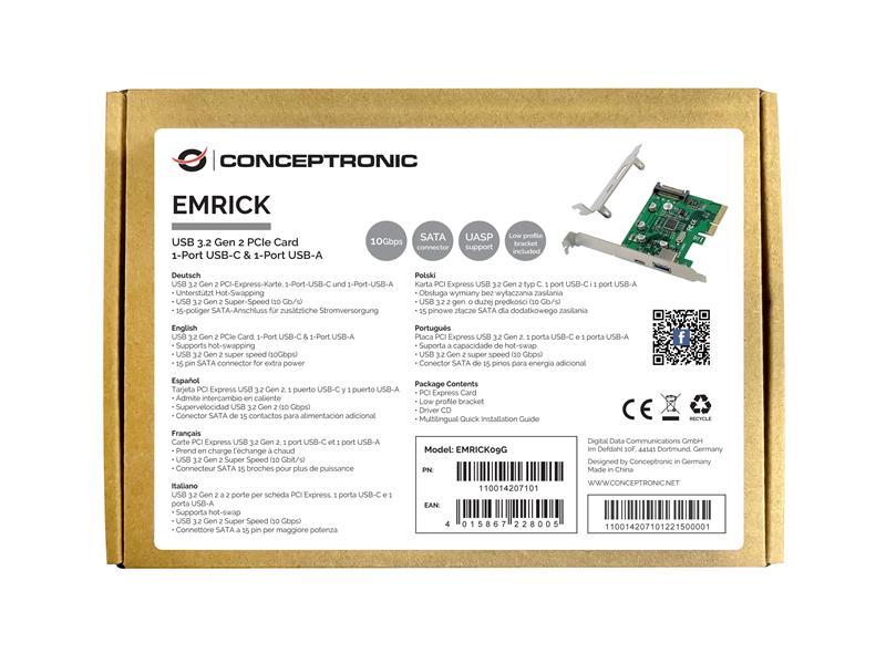 Conceptronic EMRICK USB 3 2 Gen 2 PCIe Card 1-Port USB-C 1-Port USB-A PCIe USB 3 2 Ge