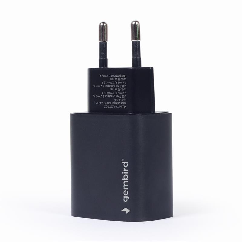 Gembird USB Type-C snellader 18 W zwart 2 port: Type-C port supports 18 W PD Type-A port supports 18 W QC 3 0