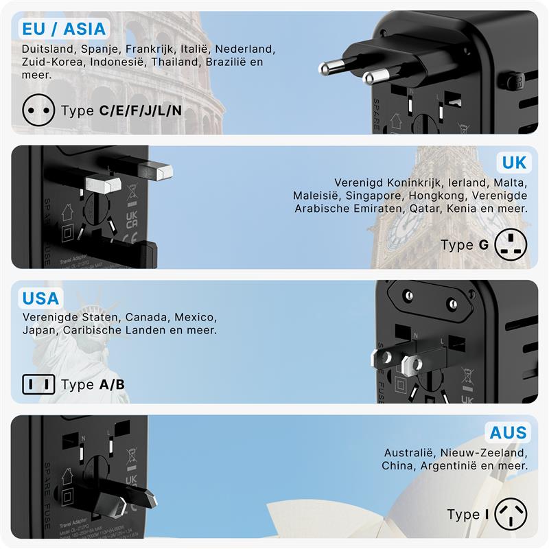 Voomy Travel Y26 - 20W - Reisstekker Wereld - 170 Landen - 4 USB Poorten - Wereldstekker Universeel - Zwart Zwart