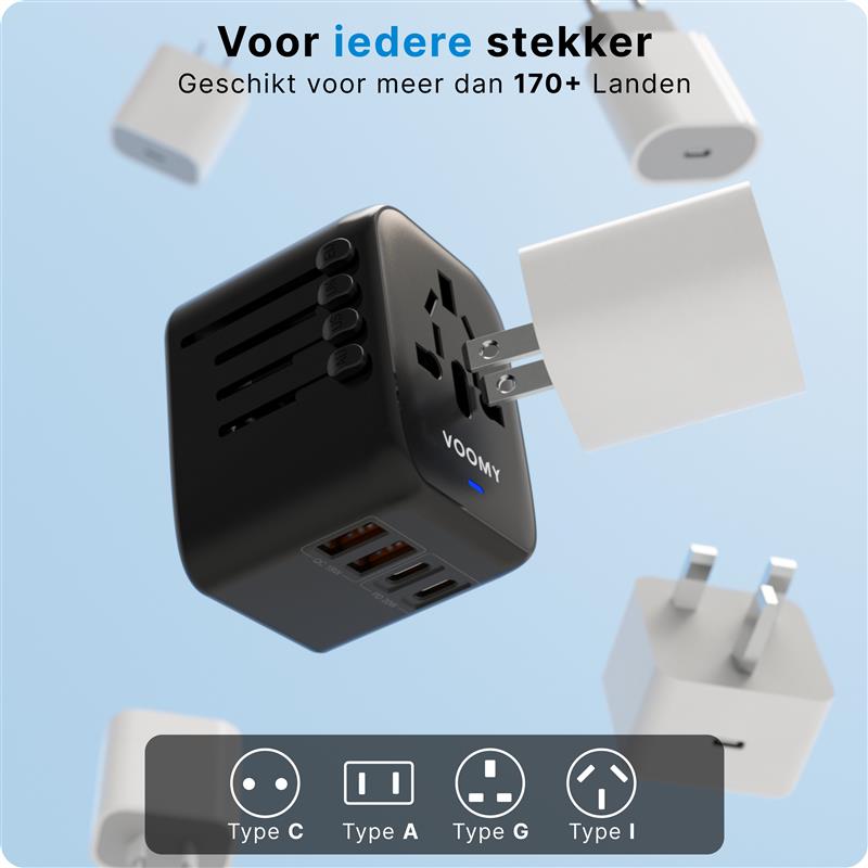 Voomy Travel Y26 - 20W - Reisstekker Wereld - 170 Landen - 4 USB Poorten - Wereldstekker Universeel - Zwart Zwart