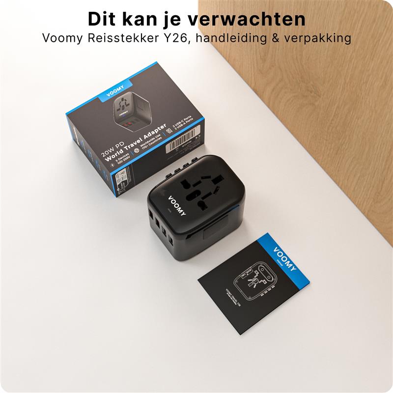 Voomy Travel Y26 - 20W - Reisstekker Wereld - 170 Landen - 4 USB Poorten - Wereldstekker Universeel - Zwart Zwart
