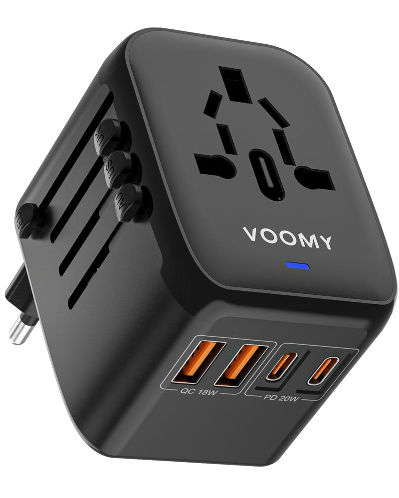 Voomy Travel Y26 - 20W - Reisstekker Wereld - 170 Landen - 4 USB Poorten - Wereldstekker Universeel - Zwart Zwart