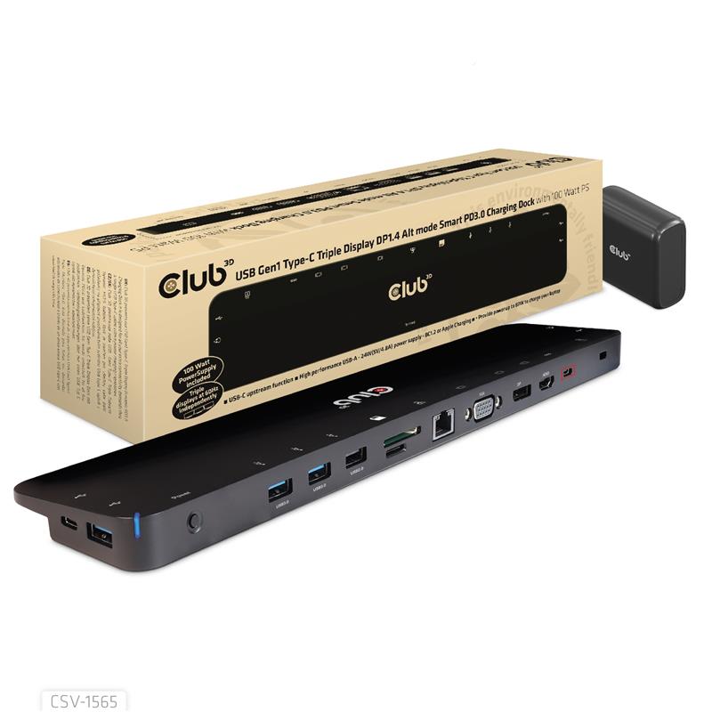 CLUB3D USB Gen1 Type-C Triple Display DP1.4 Alt mode Smart PD3.0 Charging Dock with 100 Watt Power Supply