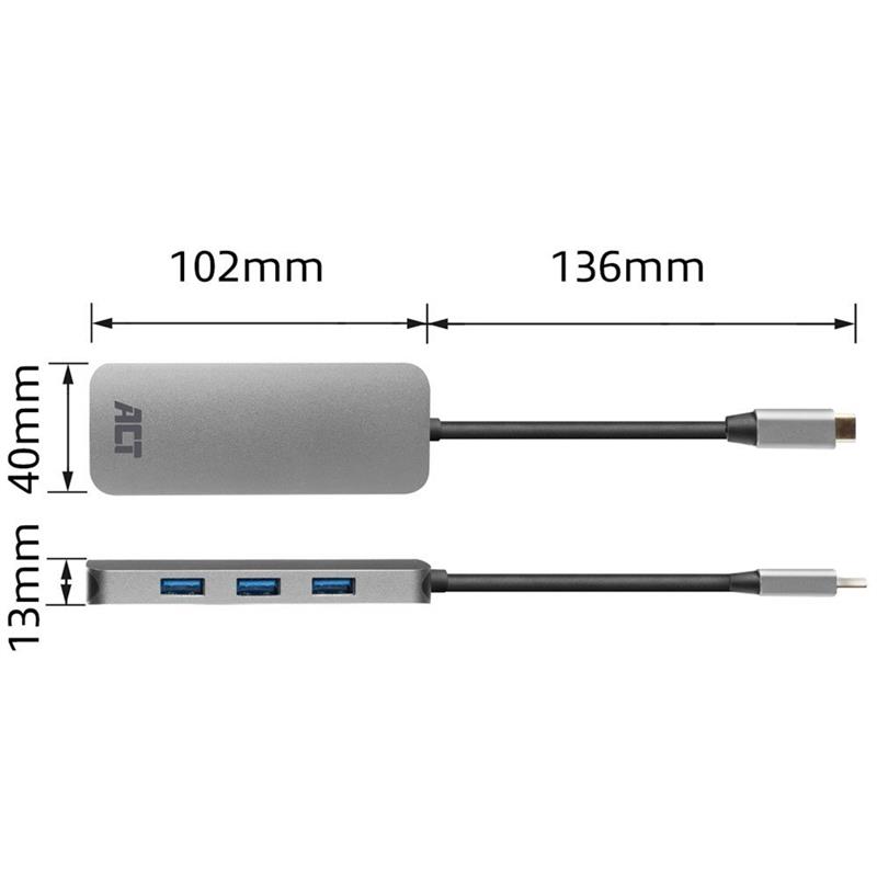 ACT AC7024 interface hub USB 3.2 Gen 1 (3.1 Gen 1) Type-C 5000 Mbit/s Grijs